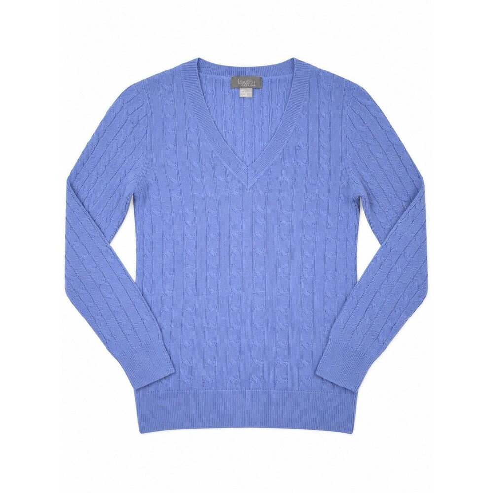 Love 21 100% Merino Wool Cable Knit V Neck Sweater Periwinkle Size M